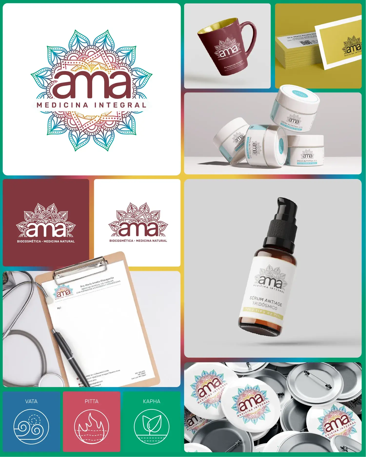 Ama — sistema de identidad visual, tres líneas ayurvédicas