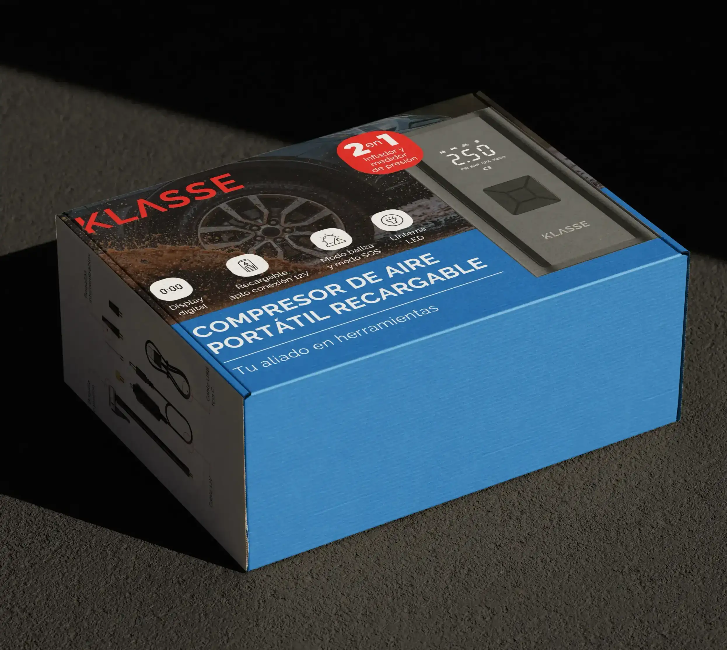 Klasse — packaging compresor de aire, línea azul
