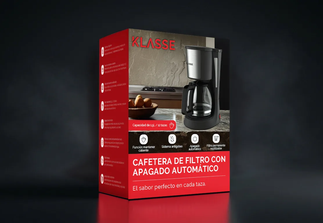 Klasse — packaging cafetera de filtro, línea roja