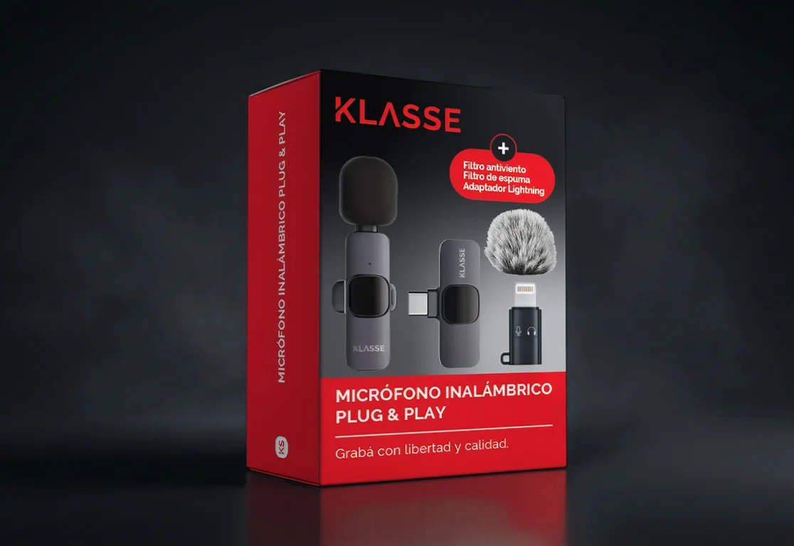 Klasse — packaging micrófono inalámbrico, línea roja