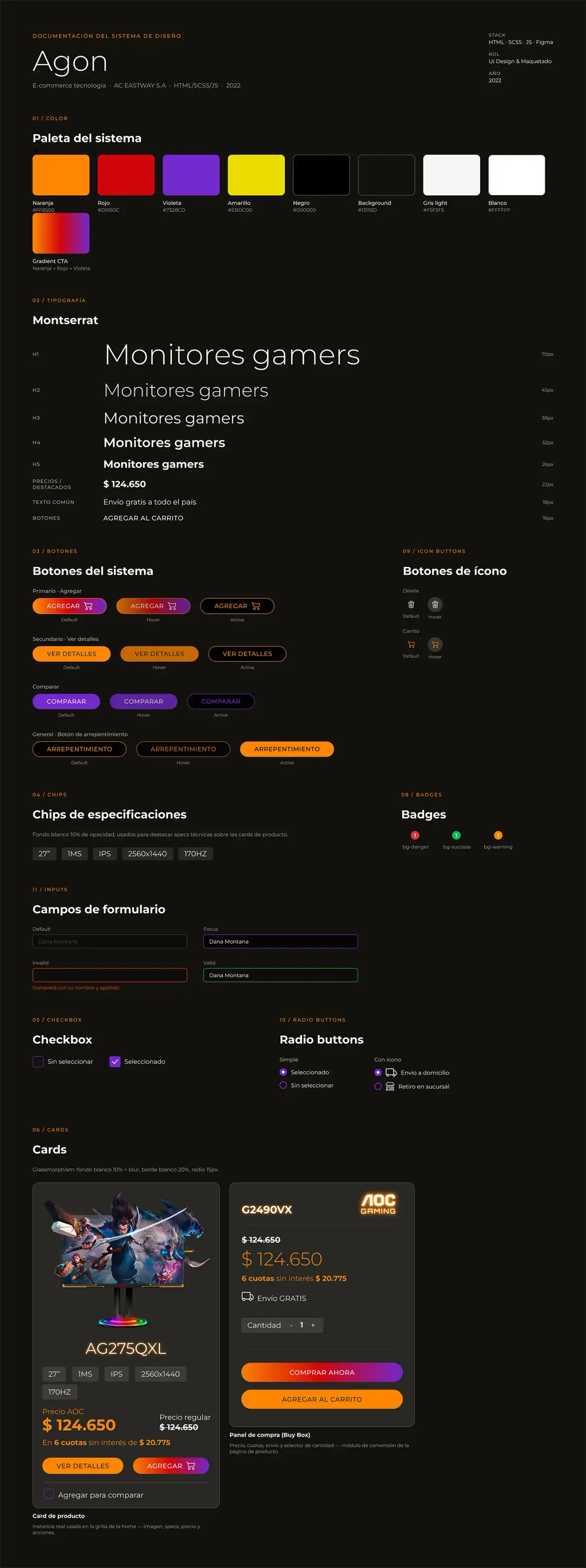 Agon — componentes del sistema de diseño: colores, tipografía, botones, chips, checkbox, card de producto e íconos