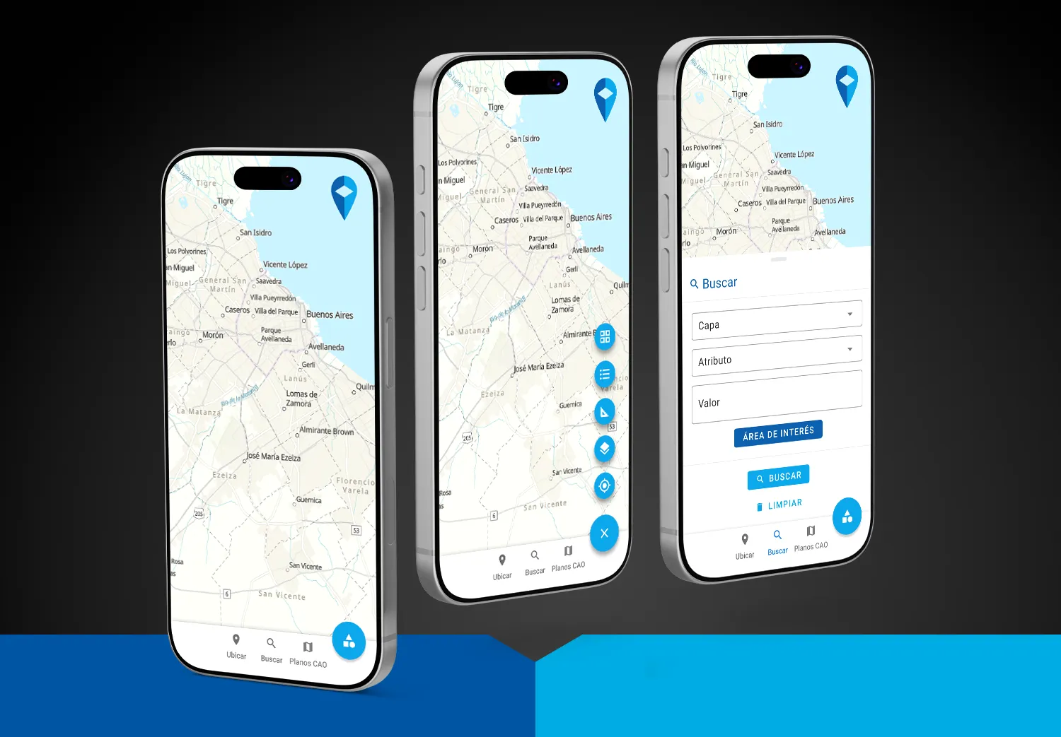 Metrogas GIS mobile — mapa limpio, dial de acciones y sidebar de búsqueda